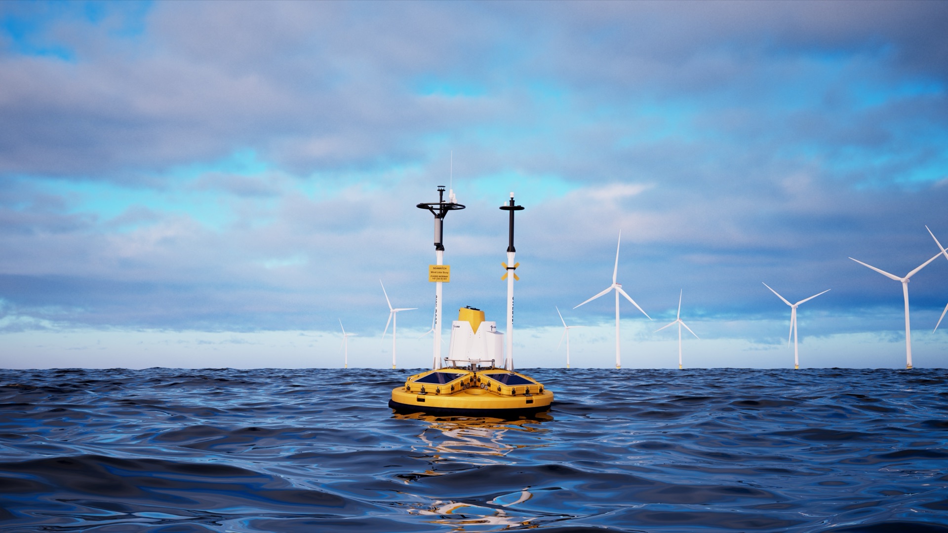 SEAWATCH Wind Lidar Buoy in front of a windfarm